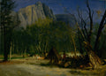 Pintura a óleo de Albert Bierstadt, 'Indian Encampment, Yosemite', mostrando um acampamento indígena à noite sob uma montanha rochosa, com árvores escuras e céu azul-escuro.