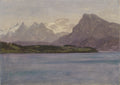Pintura a óleo de Albert Bierstadt mostrando um vasto lago em primeiro plano com montanhas imponentes e picos nevados ao fundo, sob um céu claro e suave.