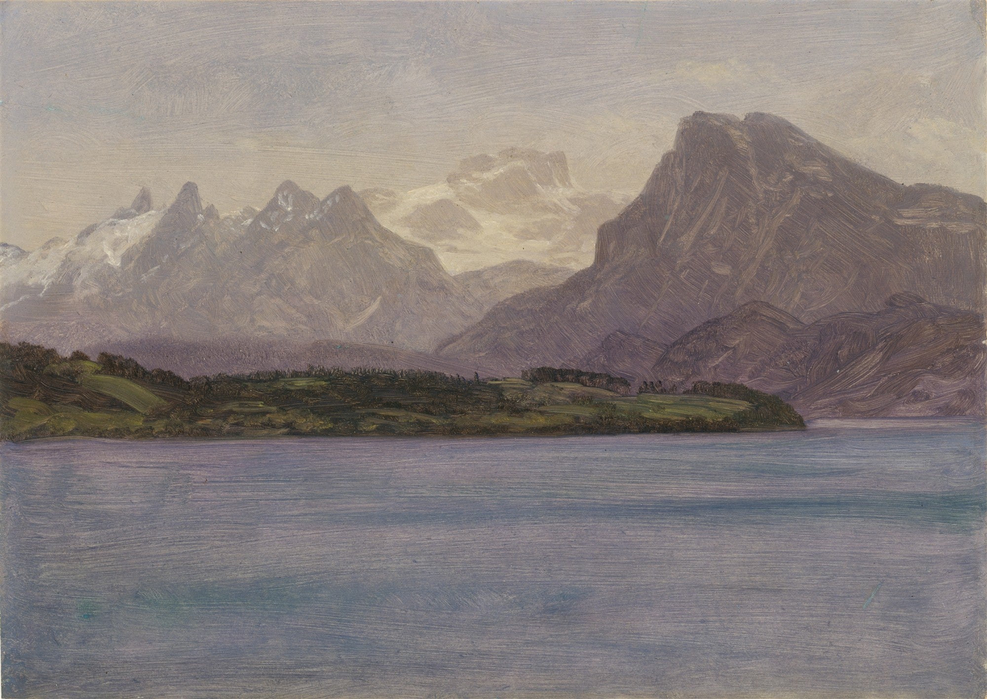 Pintura a óleo de Albert Bierstadt mostrando um vasto lago em primeiro plano com montanhas imponentes e picos nevados ao fundo, sob um céu claro e suave.