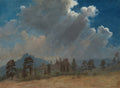 Quadro decorativo com paisagem montanhosa de Albert Bierstadt, com um céu azul profundo e nuvens brancas e cinzentas dramáticas sobre montanhas e pinheiros em primeiro plano.