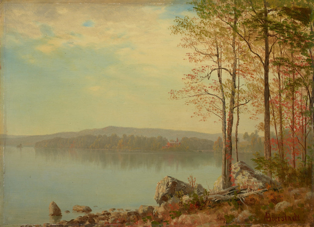 Quadro decorativo paisagem outonal atribuída a Albert Bierstadt, com lago tranquilo, árvores com folhagem avermelhada e rochas em primeiro plano, sob céu claro.