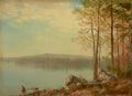 Quadro decorativo paisagem outonal atribuída a Albert Bierstadt, com lago tranquilo, árvores com folhagem avermelhada e rochas em primeiro plano, sob céu claro.
