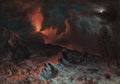 Pintura a óleo de Albert Bierstadt mostrando um vulcão em erupção à noite, com lava escorrendo e fumaça avermelhada no céu escuro, iluminado por uma lua pálida à direita.