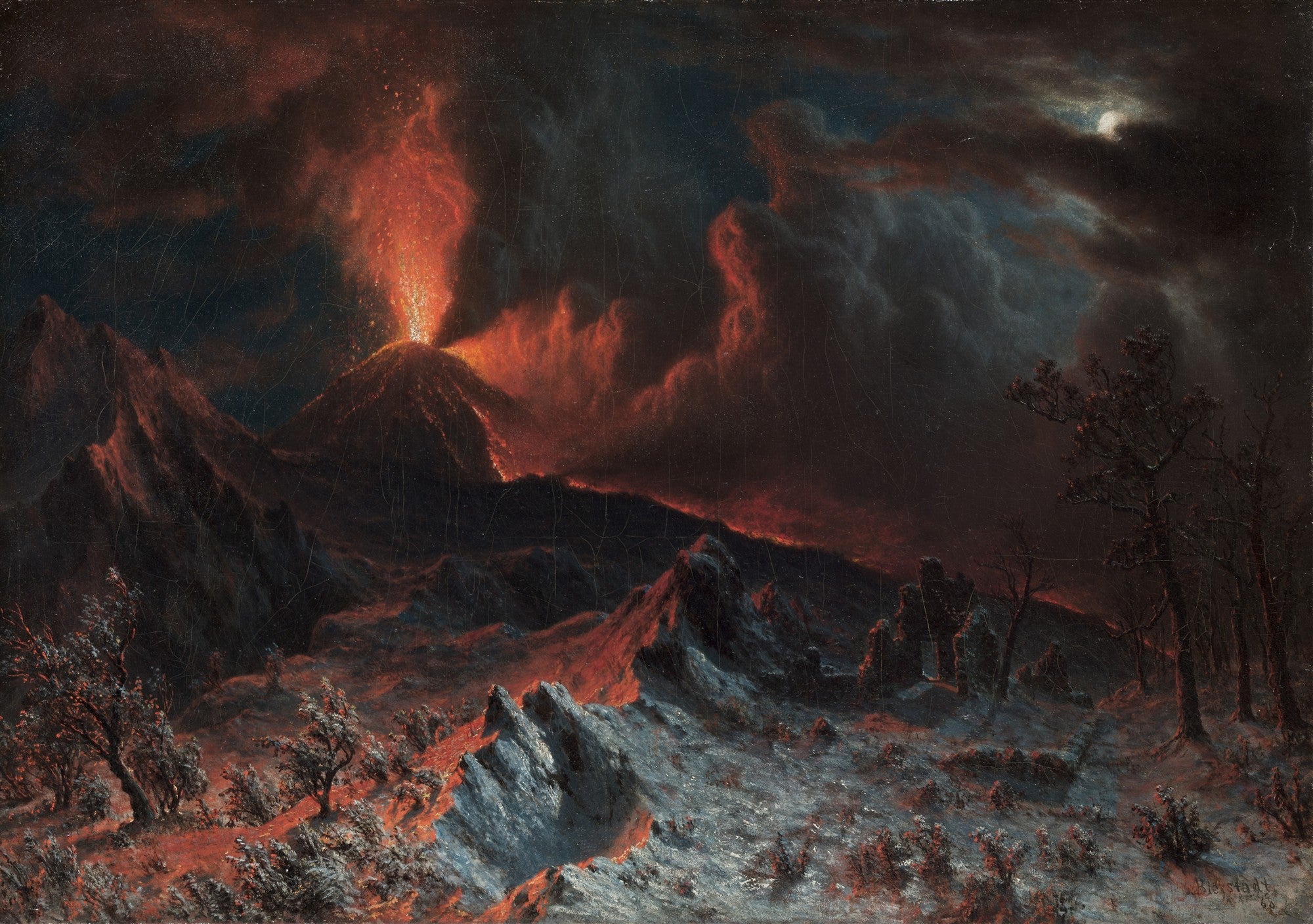 Pintura a óleo de Albert Bierstadt mostrando um vulcão em erupção à noite, com lava escorrendo e fumaça avermelhada no céu escuro, iluminado por uma lua pálida à direita.