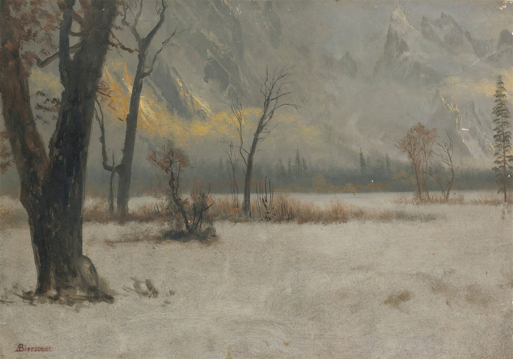 Quadro decorativo de Albert Bierstadt, paisagem invernal com neve, árvores desfolhadas e montanhas imponentes sob luz dourada e neblina.