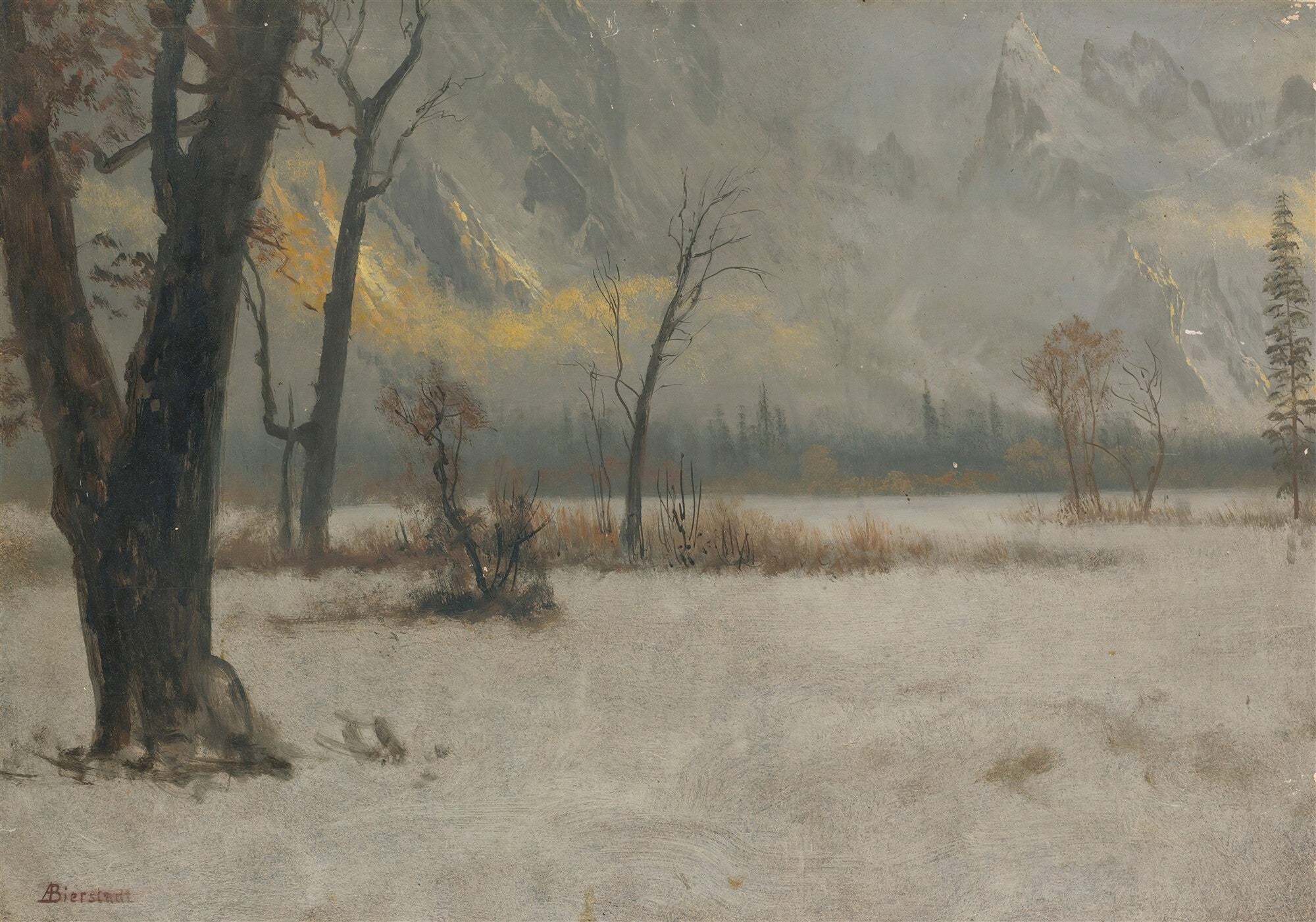 Quadro decorativo de Albert Bierstadt, paisagem invernal com neve, árvores desfolhadas e montanhas imponentes sob luz dourada e neblina.