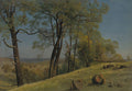 Pintura a óleo de Albert Bierstadt representando uma paisagem montanhosa com grandes árvores, grama verde e um céu azul claro.
