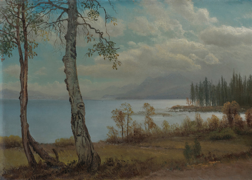 Pintura a óleo de uma paisagem lacustre com duas bétulas em primeiro plano, céu nublado e montanhas ao fundo, no estilo de Albert Bierstadt.