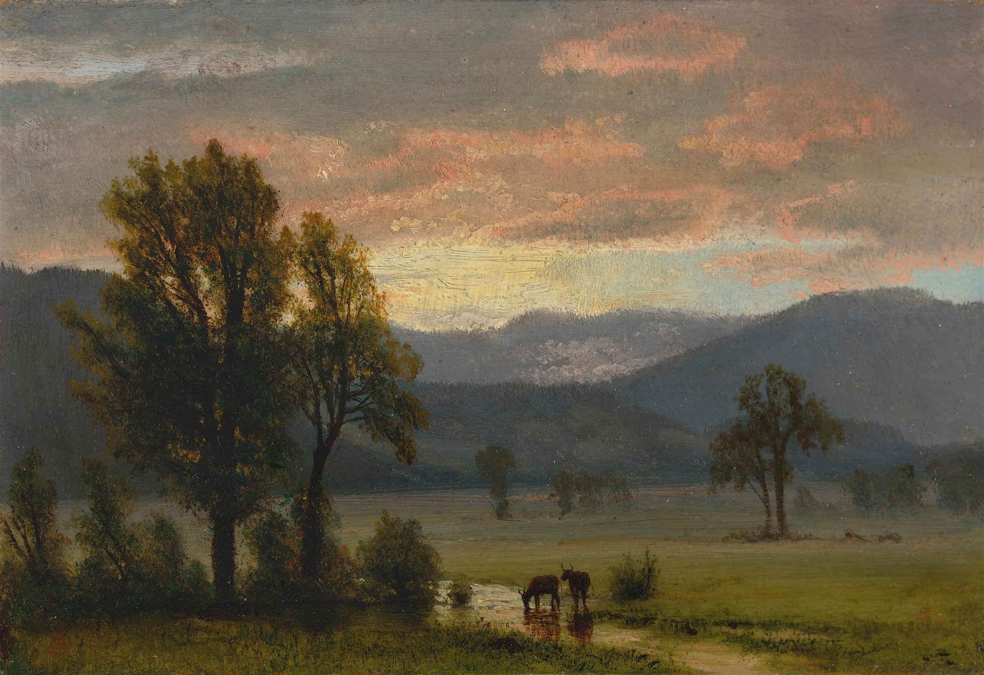 Pintura a óleo de Albert Bierstadt retratando uma paisagem crepuscular com montanhas distantes, árvores frondosas e dois animais bebendo em um riacho. O céu exibe tons de laranja, rosa e azul.