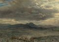 Pintura a óleo de Albert Bierstadt, mostrando uma paisagem montanhosa sob um céu dramático com nuvens carregadas e raios de luz dourada. A paleta é predominantemente cinza, verde escuro e tons terrosos, com um toque de azul claro visível no canto superior esquerdo e um brilho amarelado na base das nuvens.