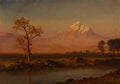 Paisagem serena de Albert Bierstadt com montanha nevada iluminada pelo pôr do sol, rio e árvore solitária, em tons de laranja e azul.