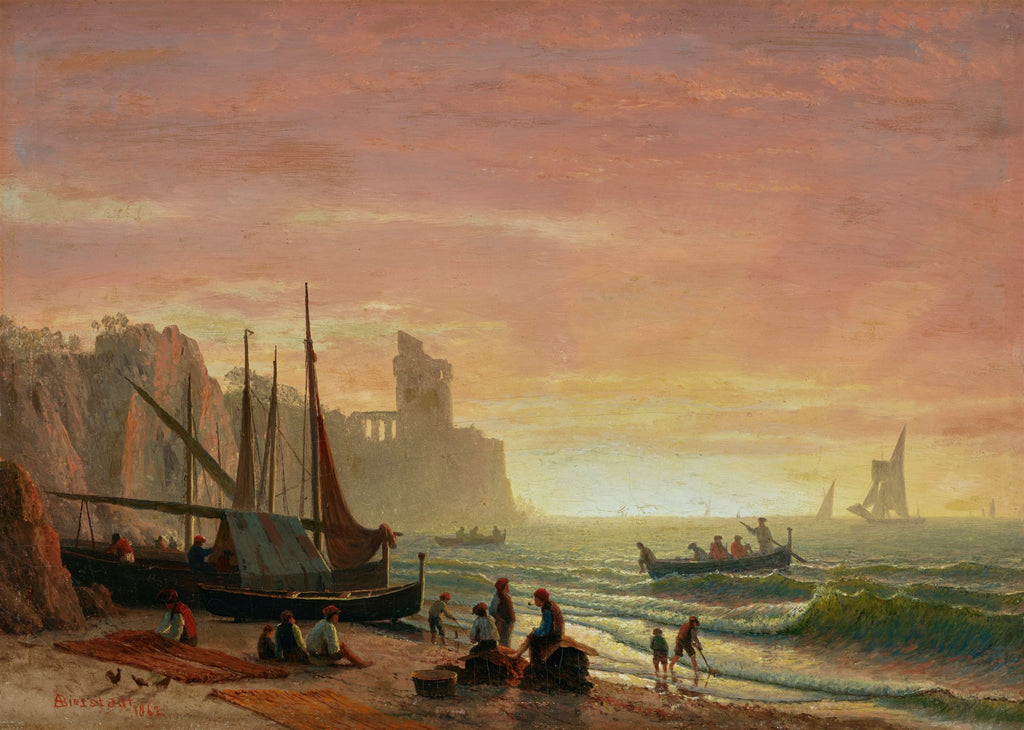 Quadro decorativo mostrando uma cena de pescadores na praia ao entardecer, com barcos na areia e no mar, e um castelo em ruínas ao fundo, sob um céu alaranjado e rosa. Obra de Albert Bierstadt.