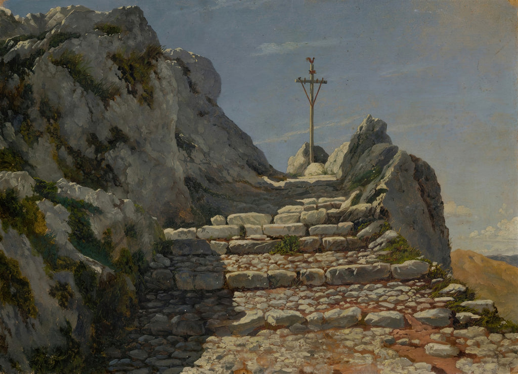 Pintura a óleo de Albert Bierstadt retratando uma escadaria de pedra rústica subindo uma montanha rochosa sob um céu azul claro, com uma estrutura de madeira no topo.