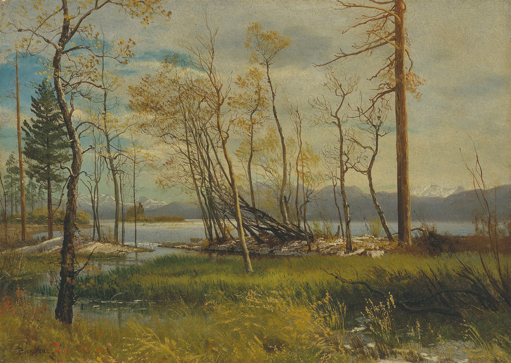 Paisagem com floresta, lago e montanhas distantes, com árvores de folhas secas e algumas ainda verdes, reflexos na água e grama em primeiro plano, estilo de Albert Bierstadt.
