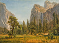 Pintura a óleo que retrata o Vale do Yosemite, com montanhas imponentes, uma cachoeira, árvores verdes e um campo dourado com vegetação rasteira sob um céu azul claro.