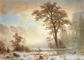 Pintura a óleo de Albert Bierstadt representando uma paisagem de inverno com árvores cobertas de neve, um riacho e montanhas ao fundo, sob uma luz dourada e nevoenta.