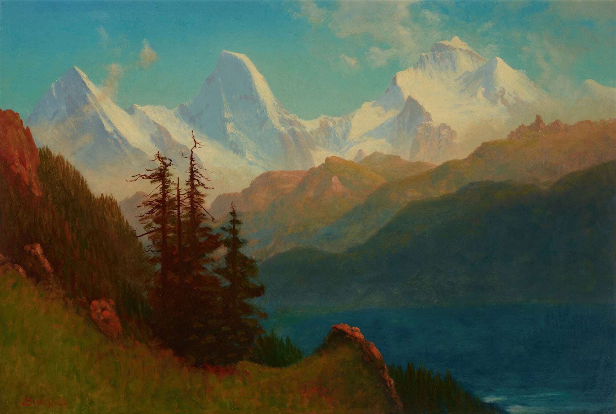 Quadro decorativo de uma paisagem montanhosa com picos nevados, pinheiros e um lago profundo, pintado por Albert Bierstadt. Cores azul-turquesa, branco, marrom e verde.
