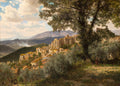 Pintura a óleo de Albert Bierstadt mostrando uma aldeia italiana em uma colina, com casas de pedra e telhados de terracota, cercada por árvores frondosas e montanhas ao fundo, sob um céu parcialmente nublado.