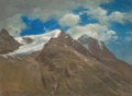 Quadro decorativo mostrando montanhas rochosas com picos nevados sob um céu azul com nuvens brancas, pintado por Albert Bierstadt. O estilo é realista e grandioso, com tons de marrom, cinza, branco e azul.