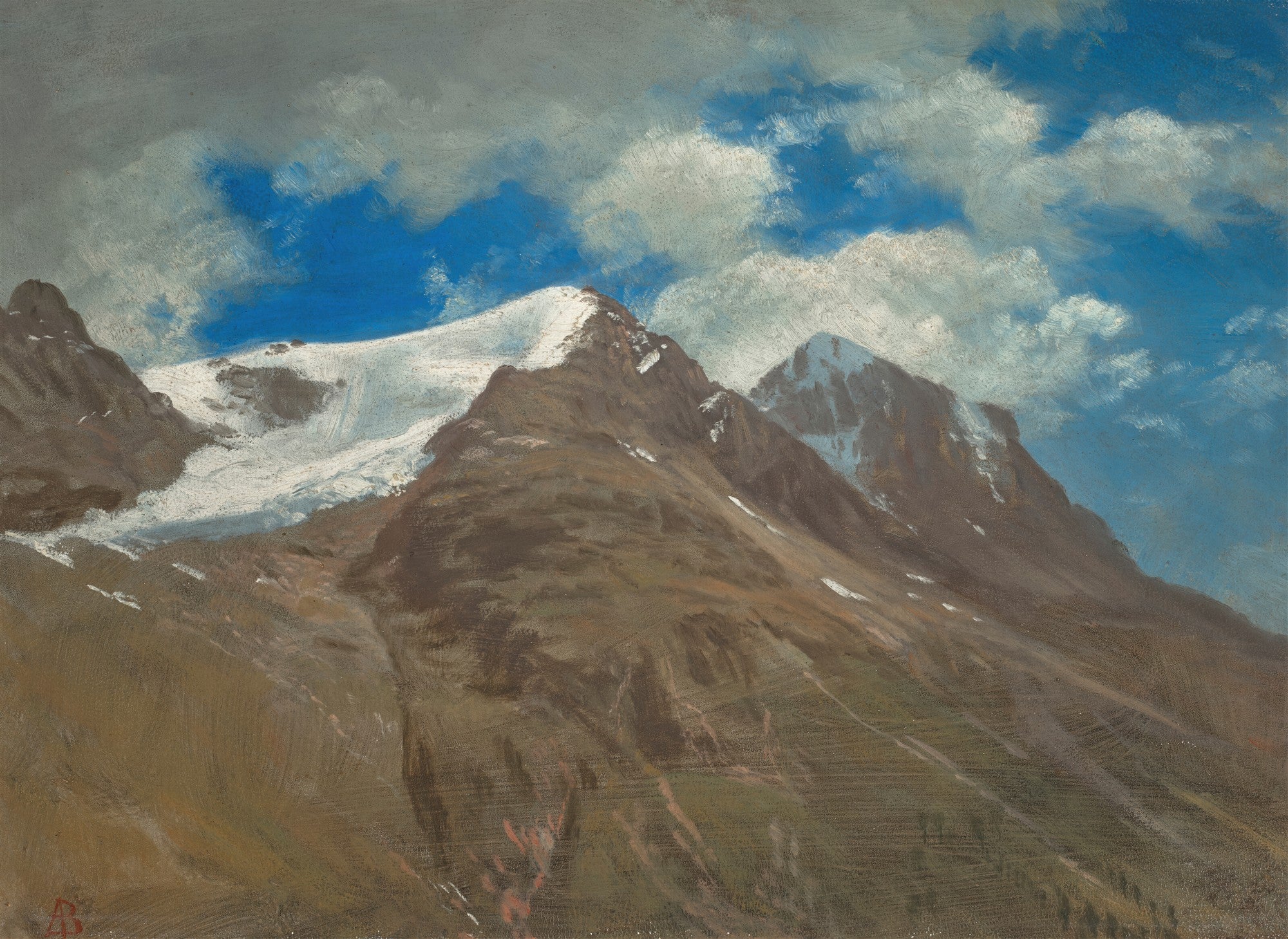 Quadro decorativo mostrando montanhas rochosas com picos nevados sob um céu azul com nuvens brancas, pintado por Albert Bierstadt. O estilo é realista e grandioso, com tons de marrom, cinza, branco e azul.