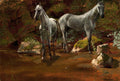 Quadro decorativo com dois cavalos cinzentos em um riacho sombrio, cercados por vegetação densa e rochas musgosas, pintado por Albert Bierstadt. A luz incide suavemente sobre os animais e a água.