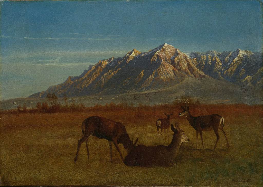 Pintura a óleo de cervos em um campo com montanhas nevadas ao fundo, sob um céu azul claro. A luz do sol ilumina os picos das montanhas.