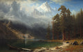 Pintura a óleo de Albert Bierstadt mostrando um lago sereno cercado por montanhas rochosas e uma densa floresta de pinheiros. Nuvem baixa cobre parte das montanhas, com um urso preto na margem do lago.