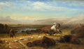 Pintura a óleo de Albert Bierstadt, 'A Última dos Búfalos', mostrando uma vasta paisagem do Oeste americano com uma manada de búfalos, alguns caçados por nativos americanos em cavalos, e crânios de búfalos espalhados pelo chão. Montanhas ao fundo.