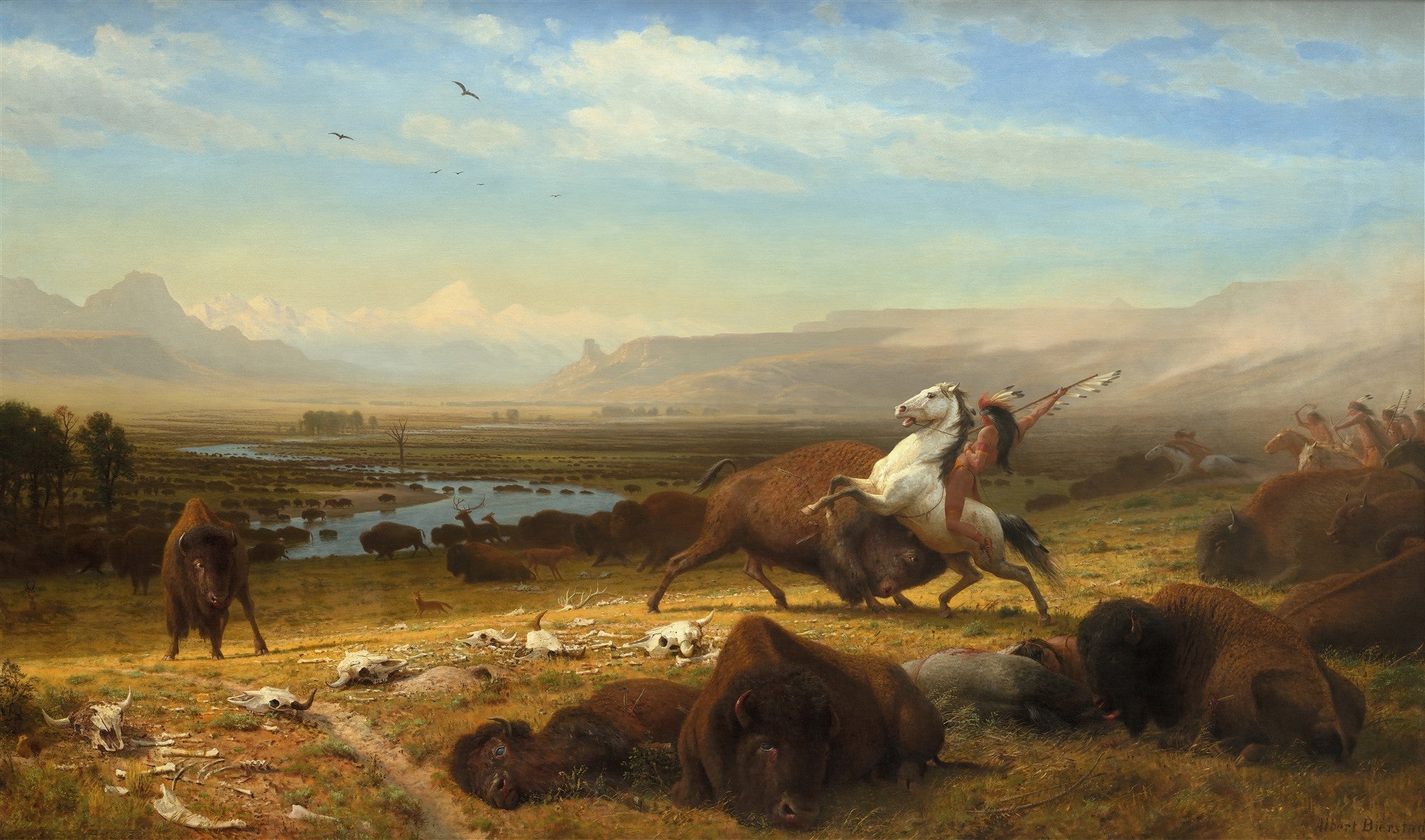 Pintura a óleo de Albert Bierstadt, 'A Última dos Búfalos', mostrando uma vasta paisagem do Oeste americano com uma manada de búfalos, alguns caçados por nativos americanos em cavalos, e crânios de búfalos espalhados pelo chão. Montanhas ao fundo.