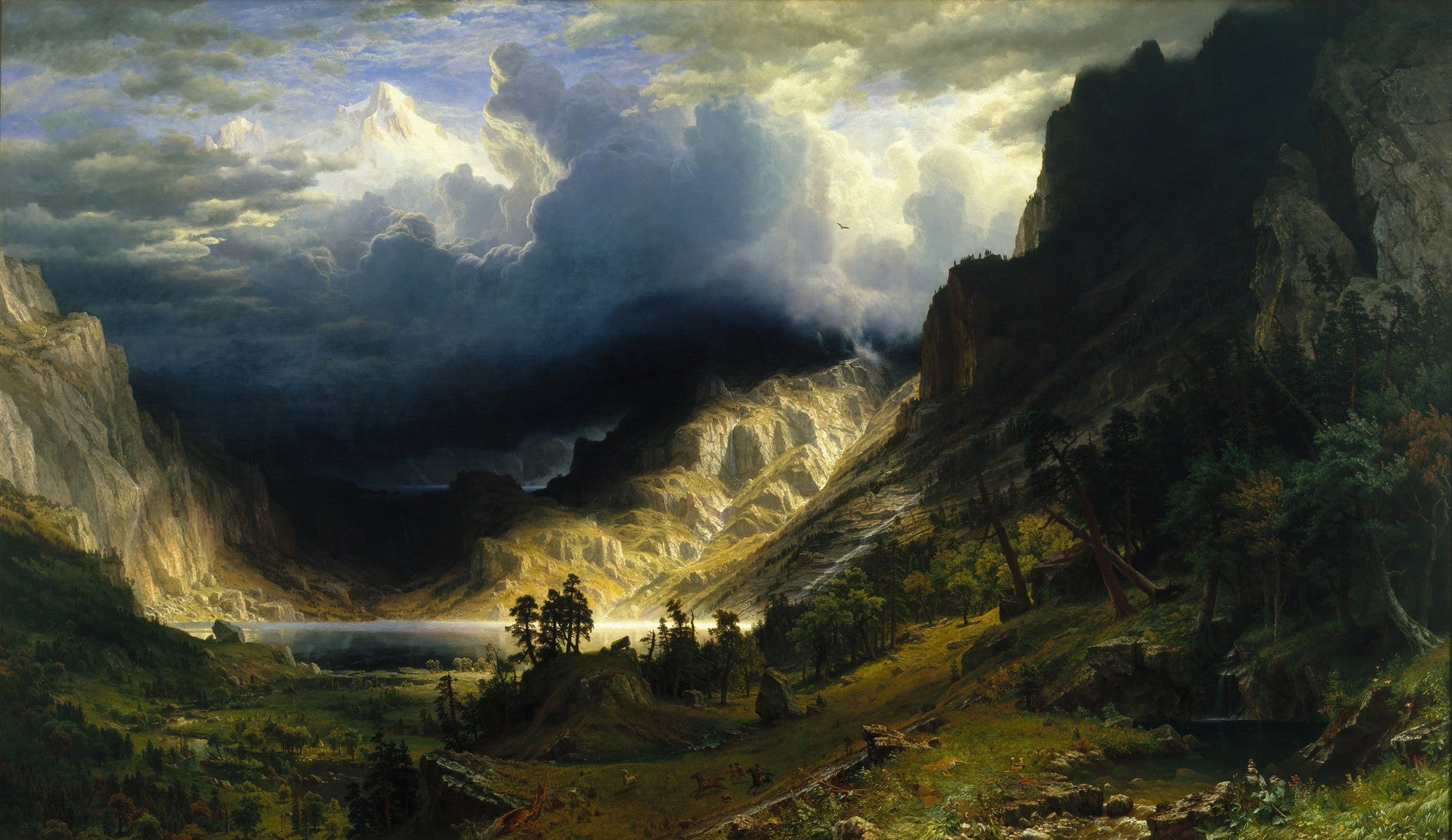 Quadro decorativo 'A Tempestade na Montanha' de Albert Bierstadt, mostrando um vale montanhoso dramático com nuvens escuras e raios de luz iluminando a paisagem, um lago e árvores.