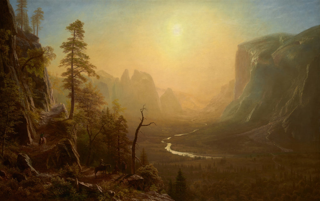 Paisagem grandiosa do Vale do Yosemite ao pôr do sol, com montanhas imponentes, um rio sinuoso e pinheiros, pintada por Albert Bierstadt. Pessoas a cavalo em primeiro plano.