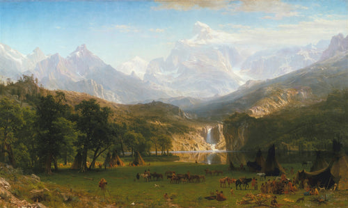 Uma vasta pintura a óleo de Albert Bierstadt, 'The Rocky Mountains, Lander's Peak', mostrando um acampamento indígena em um vale verdejante com um lago e uma cachoeira, cercado por montanhas rochosas imponentes e picos nevados sob um céu azul claro.