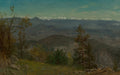 Quadro decorativo mostrando uma paisagem montanhosa vasta e serena, com picos nevados ao longe sob um céu azul claro. Árvores esparsas e vegetação rasteira em tons de verde e marrom em primeiro plano. Obra de Albert Bierstadt.
