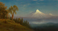 Uma vasta paisagem montanhosa ao entardecer, com uma imponente montanha nevada ao fundo, um lago refletindo o céu e árvores frondosas em primeiro plano, em tons de azul, verde e dourado.