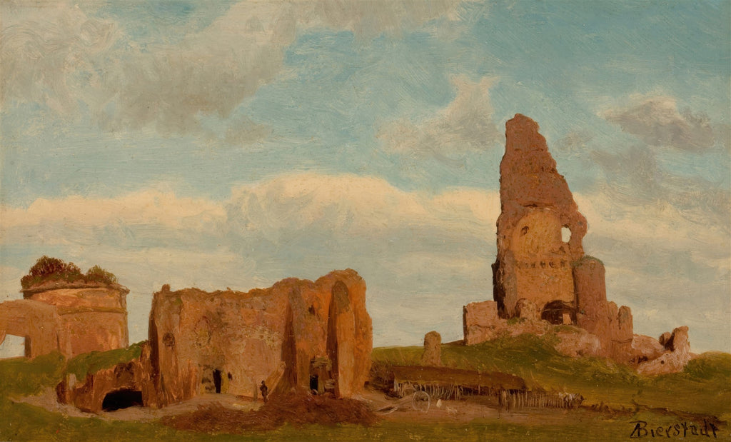 Pintura a óleo de Albert Bierstadt retratando ruínas antigas sob um céu nublado, com tons terrosos e verdes na paisagem.