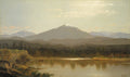 Quadro decorativo paisagem montanhosa com lago e canoa, obra de Albert Bierstadt, Mount Chocorua New Hampshire