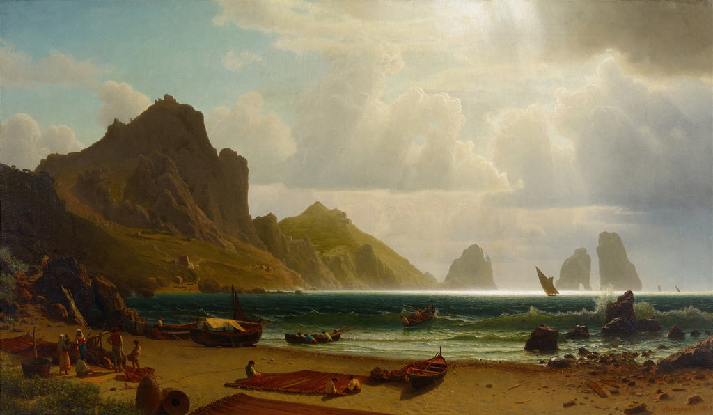 Pintura a óleo de Albert Bierstadt mostrando a Baía de Nápoles, com montanhas rochosas, mar azul-esverdeado, barcos na areia e no mar, e um céu dramático com raios de sol.