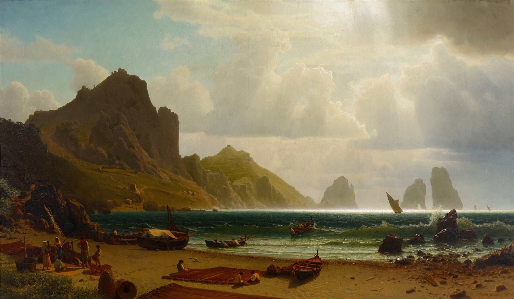 Pintura a óleo de Albert Bierstadt mostrando a Baía de Nápoles, com montanhas rochosas, mar azul-esverdeado, barcos na areia e no mar, e um céu dramático com raios de sol.