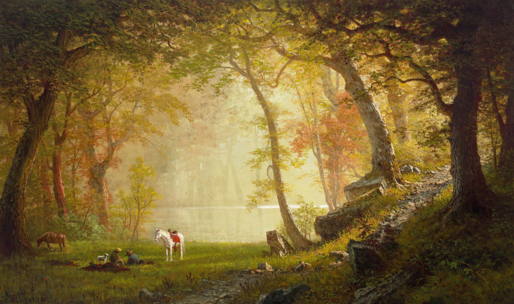 Pintura a óleo de Albert Bierstadt mostrando uma floresta iluminada por luz dourada, com um rio ao fundo e figuras com cavalos em primeiro plano, em estilo romântico e paisagístico.
