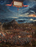 Quadro decorativo 'A Batalha de Isso' de Albrecht Altdorfer. Uma paisagem panorâmica de uma vasta batalha entre exércitos sob um céu dramático com a lua e um sol poente. A cena é cheia de detalhes de soldados, cavalos e armaduras, com montanhas e um corpo d'água ao fundo.