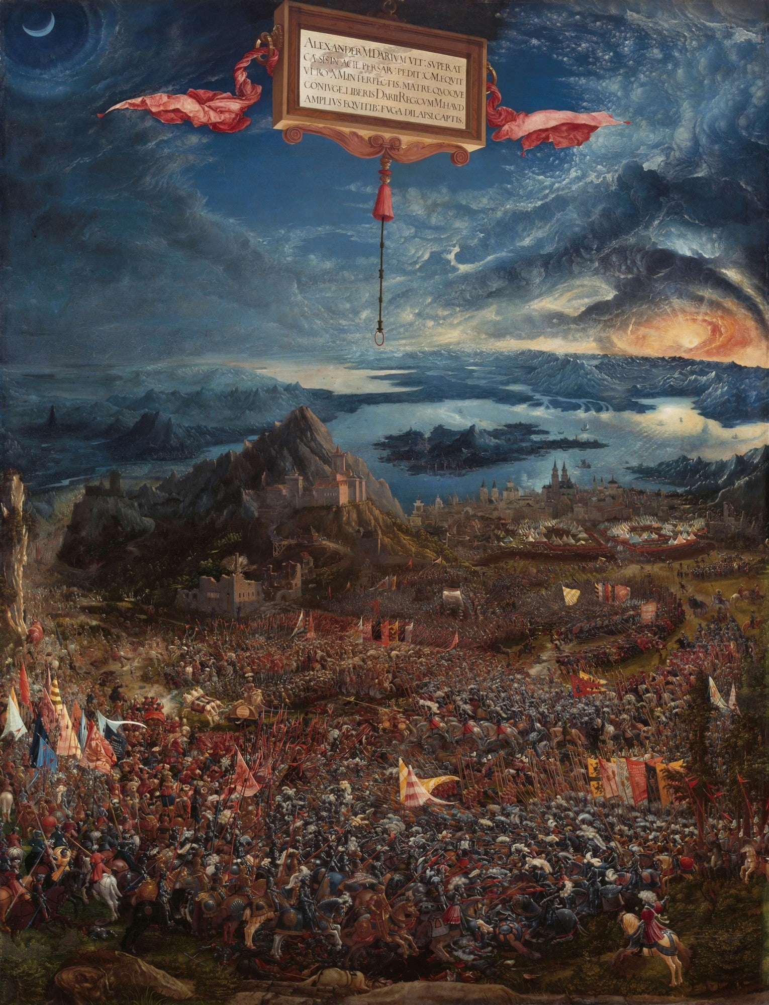 Quadro decorativo 'A Batalha de Isso' de Albrecht Altdorfer. Uma paisagem panorâmica de uma vasta batalha entre exércitos sob um céu dramático com a lua e um sol poente. A cena é cheia de detalhes de soldados, cavalos e armaduras, com montanhas e um corpo d'água ao fundo.