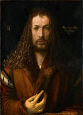 Quadro decorativo do Autorretrato de Albrecht Dürer, um homem com cabelos longos e encaracolados e barba, vestindo um manto de pele, olhando diretamente para frente com um fundo escuro. A obra é de 1500 e mostra o artista com 28 anos.