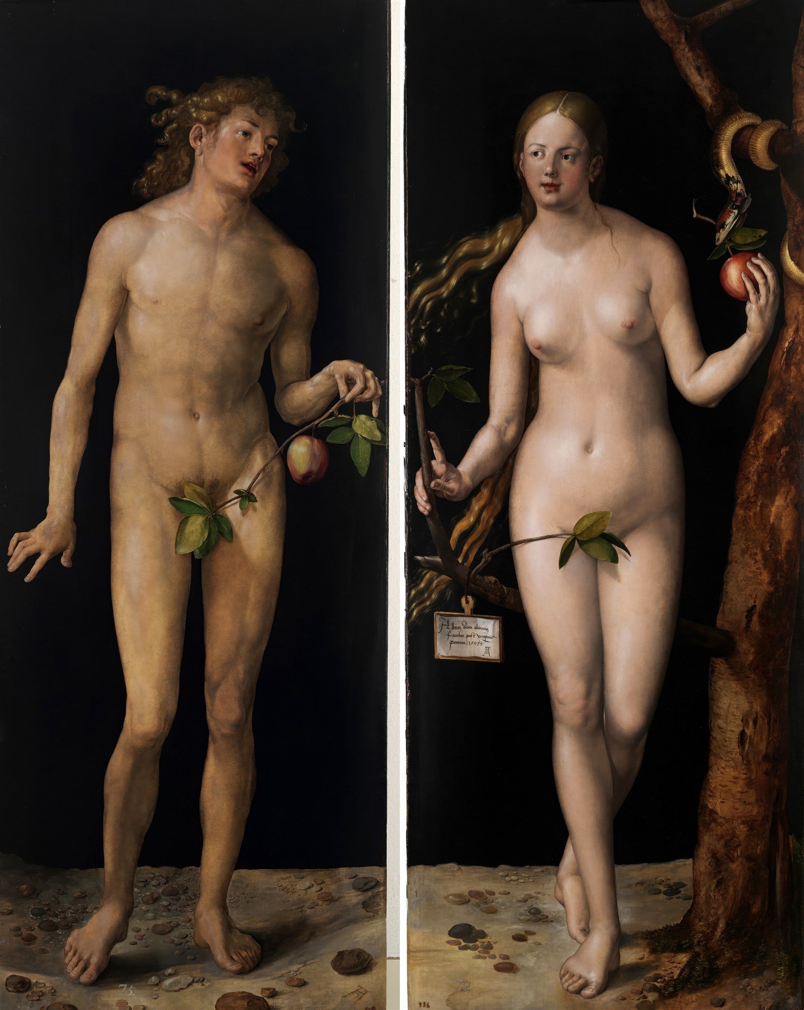 Quadro decorativo do díptico Adão e Eva de Albrecht Dürer, com Adão à esquerda e Eva à direita, ambos nus e segurando frutos proibidos, em um fundo escuro.
