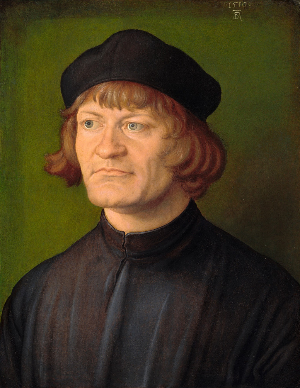 Quadro decorativo com retrato de um homem do século XVI, pintado por Albrecht Dürer. O homem veste roupas escuras e chapéu, com olhar sério e fundo verde.