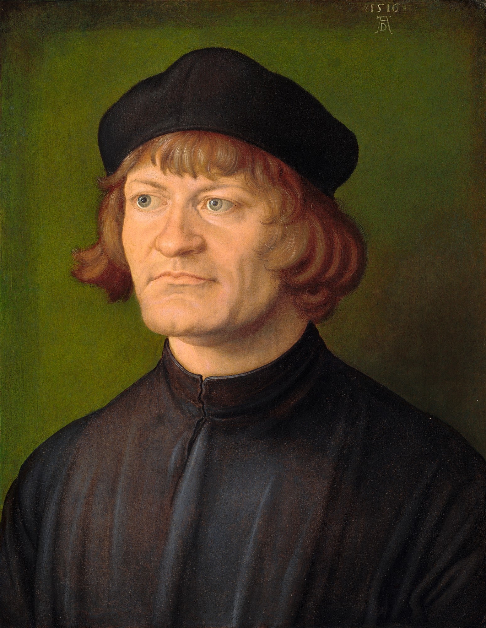Quadro decorativo com retrato de um homem do século XVI, pintado por Albrecht Dürer. O homem veste roupas escuras e chapéu, com olhar sério e fundo verde.