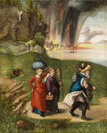 Quadro decorativo mostrando A Fuga de Ló e Sua Família, atribuída a Albrecht Dürer. A imagem exibe um grupo de três pessoas caminhando por uma paisagem verdejante, com uma cidade em chamas e um céu tempestuoso ao fundo. A mulher à frente carrega uma trouxa na cabeça, seguida por outra mulher com uma roca de fiar e um homem barbudo com um cajado e garrafa. A cena evoca drama e urgência.