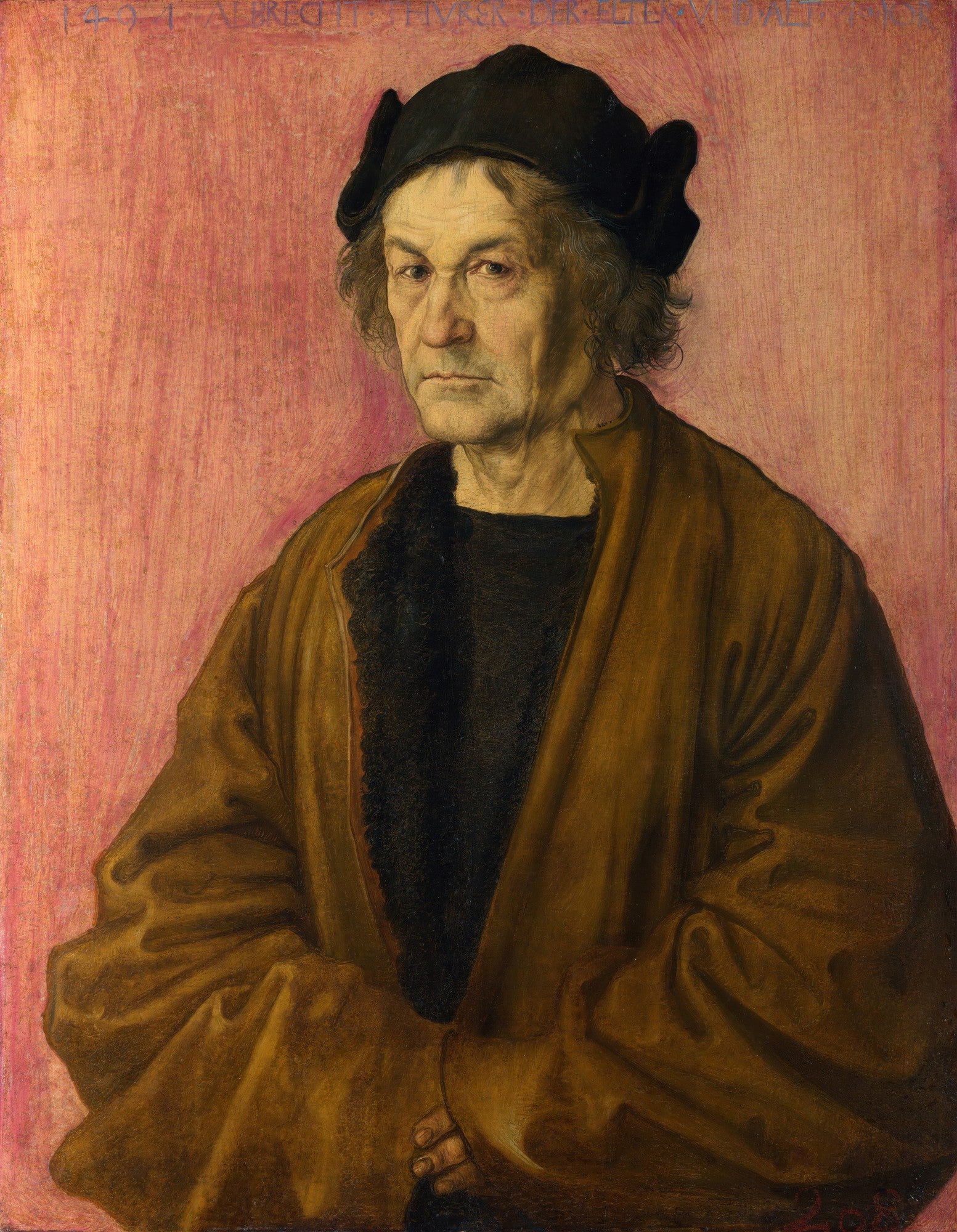 Quadro decorativo com retrato de um homem idoso de rosto sério, vestindo um chapéu preto e um casaco marrom-dourado sobre um fundo rosado.