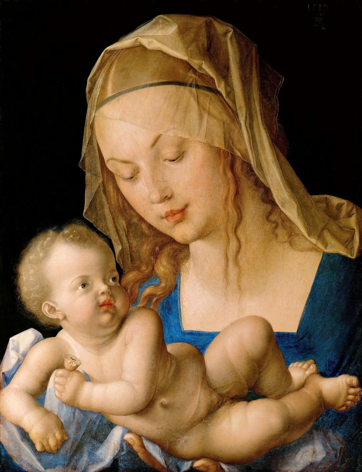 Quadro decorativo da obra A Virgem e o Menino com a Pera de Albrecht Dürer, mostrando a Virgem Maria com um véu e o Menino Jesus segurando uma pera. A imagem tem um fundo escuro e cores ricas.