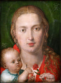 Quadro decorativo 'A Virgem e o Menino com Cravo' atribuído a Albrecht Dürer, mostrando Maria e o Menino Jesus com um cravo vermelho, sobre um fundo verde escuro com auréolas sutis.