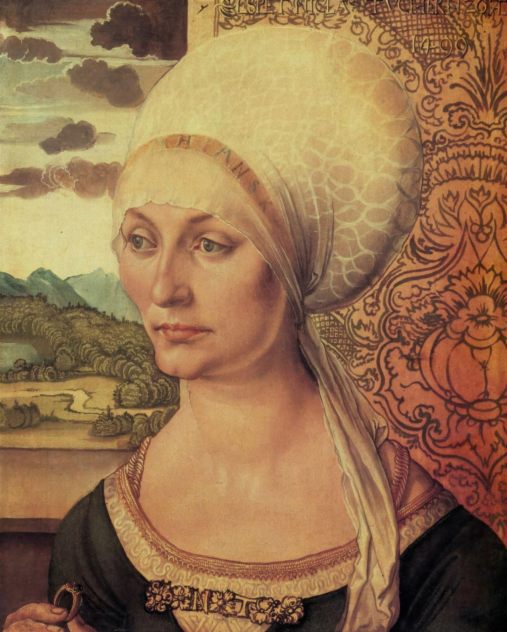 Retrato de uma mulher com touca clara elaborada, vestindo um robe escuro com detalhes dourados. Ela tem um olhar pensativo e o fundo apresenta uma paisagem com montanhas e um padrão ornamental. Atribuído a Albrecht Dürer.